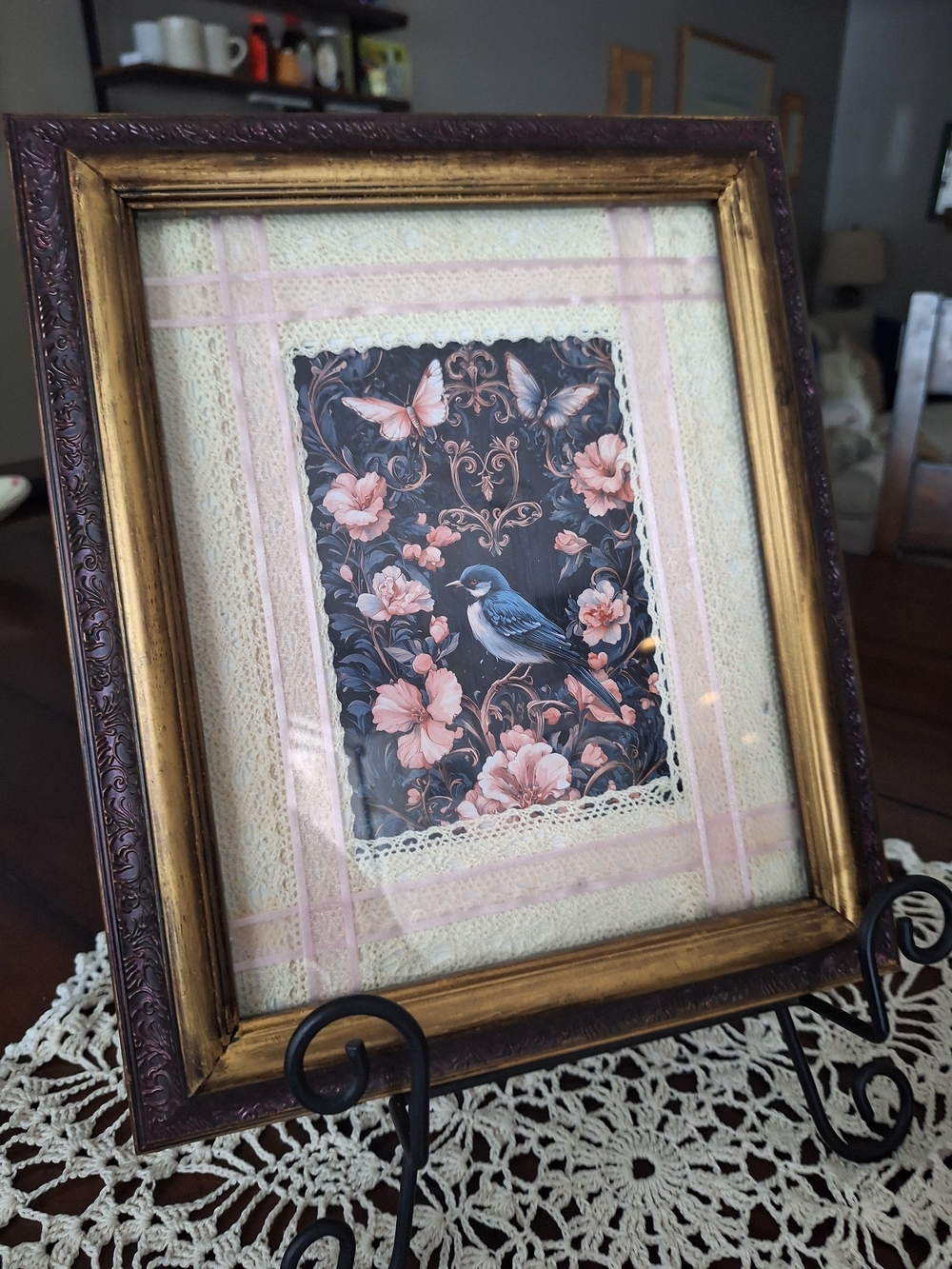 Gold Ornate Picture Frame with Pink Floral Bird Art